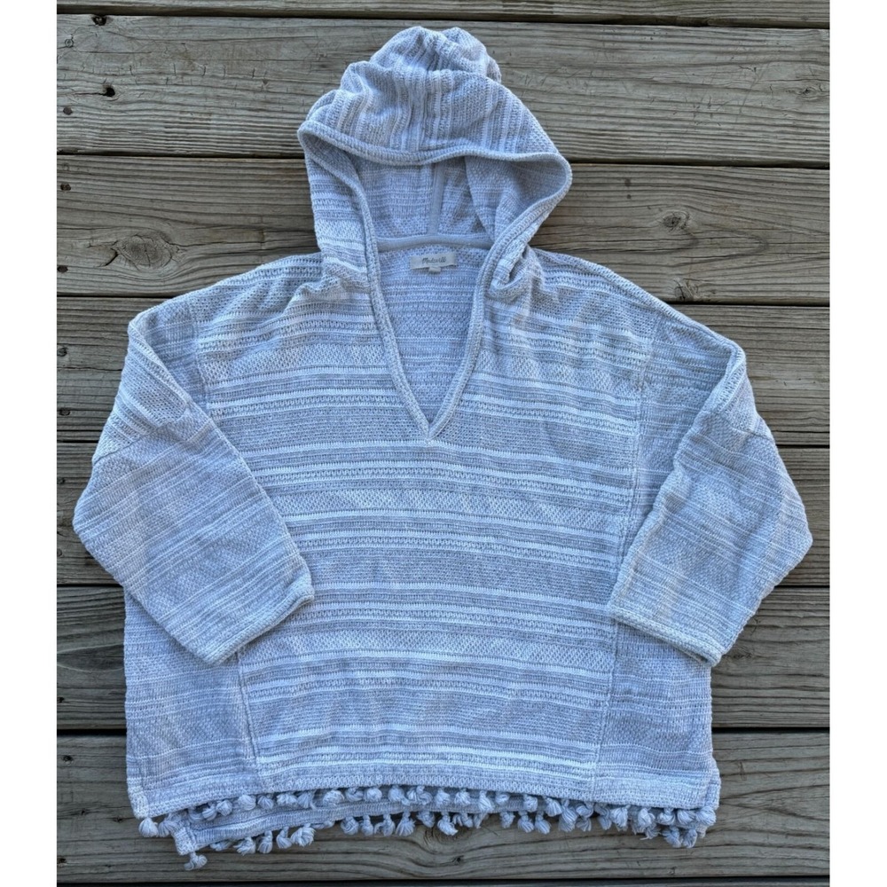 Madewell Tassel Hem Hooded Sweater Grey Stripe Boho Beach Coverup F1815 M/L y1